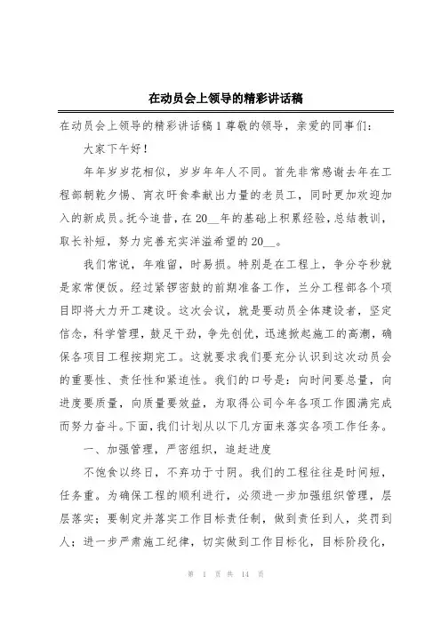 在动员会上领导的精彩讲话稿