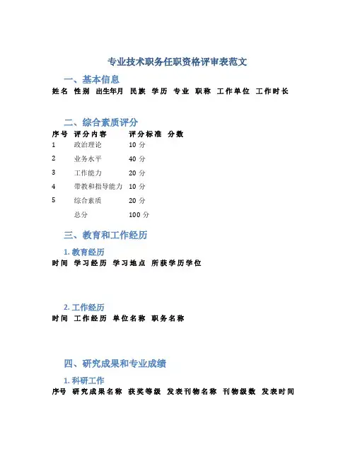专业技术职务任职资格评审表范文