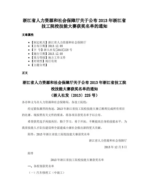浙江省人力资源和社会保障厅关于公布2013年浙江省技工院校技能大赛获奖名单的通知
