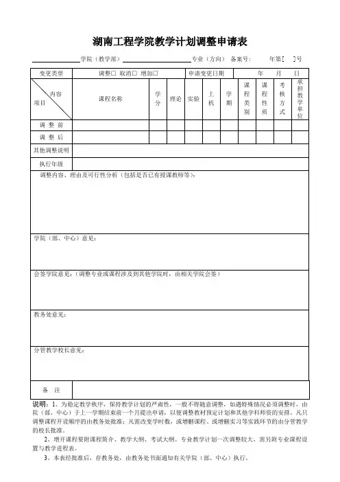 湖南工程学院教学计划调整申请表