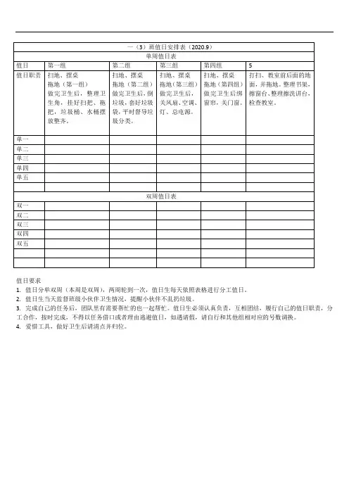 值日安排。9.5