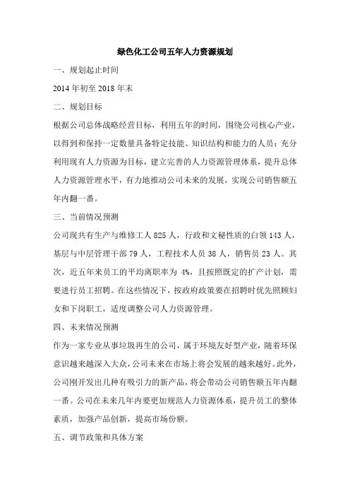 绿色化工公司五年人力资源规划