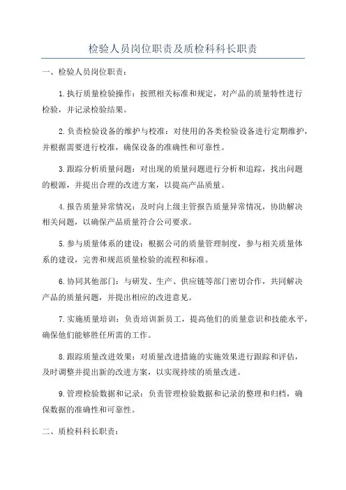 检验人员岗位职责及质检科科长职责