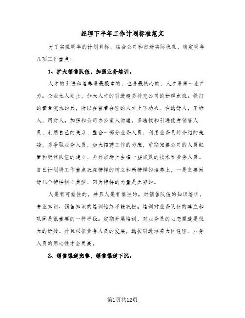 经理下半年工作计划标准范文（五篇）