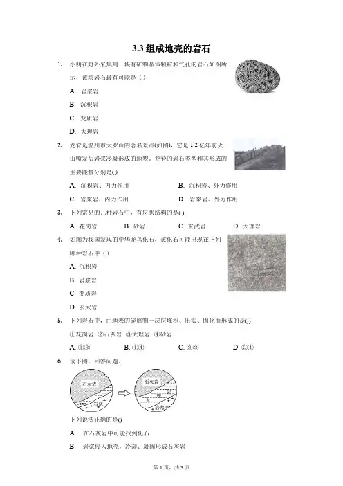3.3组成地壳的岩石-随堂练习(含答案) 2021—2022学年浙教版七上科学