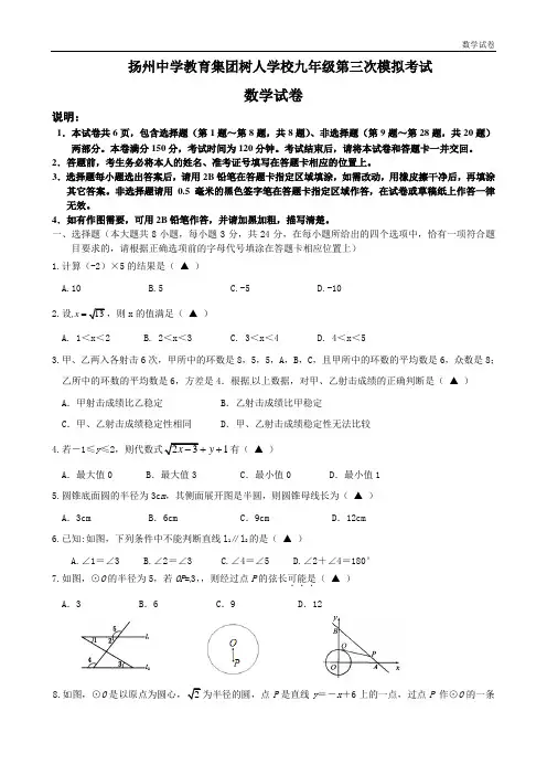 扬州中学教育集团树人学校2019届中考三模数学试题