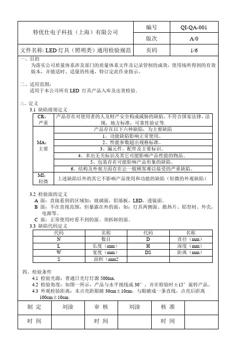 LED灯具(照明类)通用检验规范