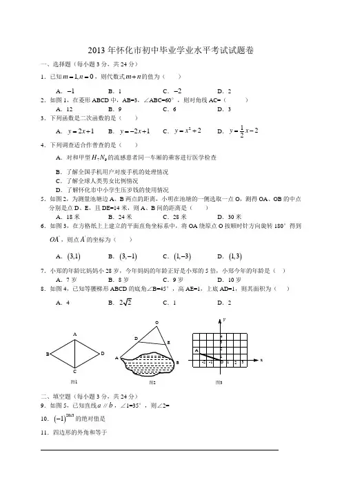 2013年湖南省怀化市中考数学试题(word版,含答案)