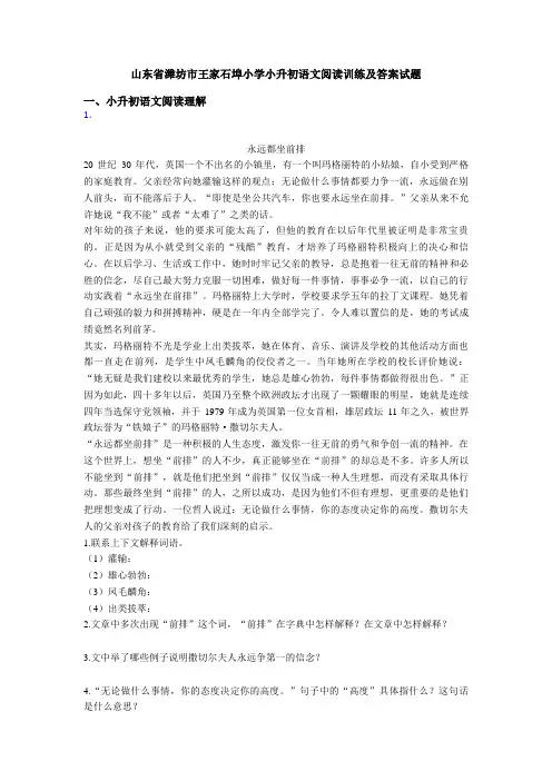 山东省潍坊市王家石埠小学小升初语文阅读训练及答案试题