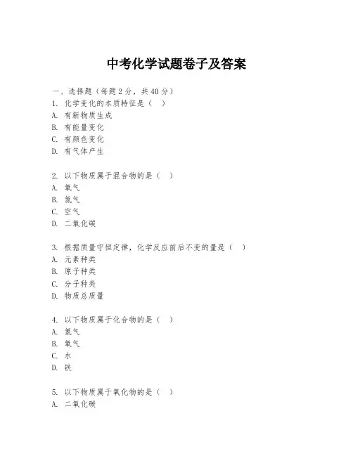 中考化学试题卷子及答案