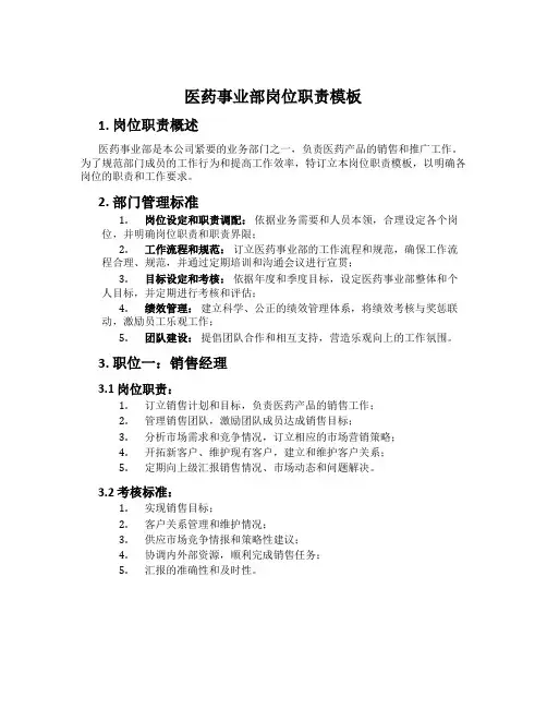 医药事业部岗位职责模板