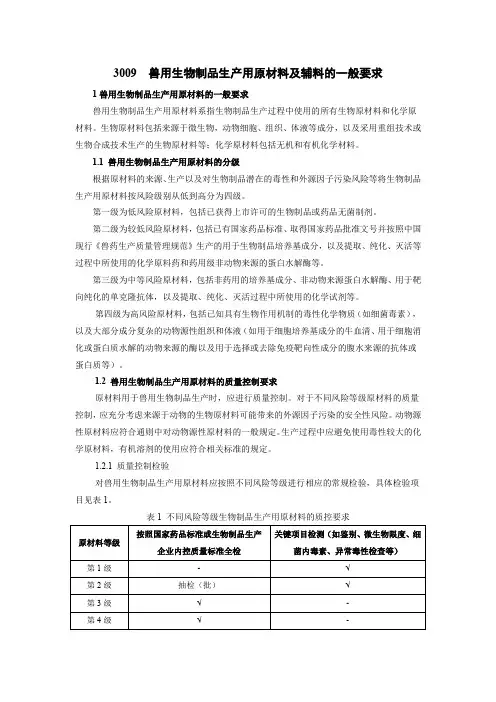 3009兽用生物制品生产用原材料及辅料的一般要求