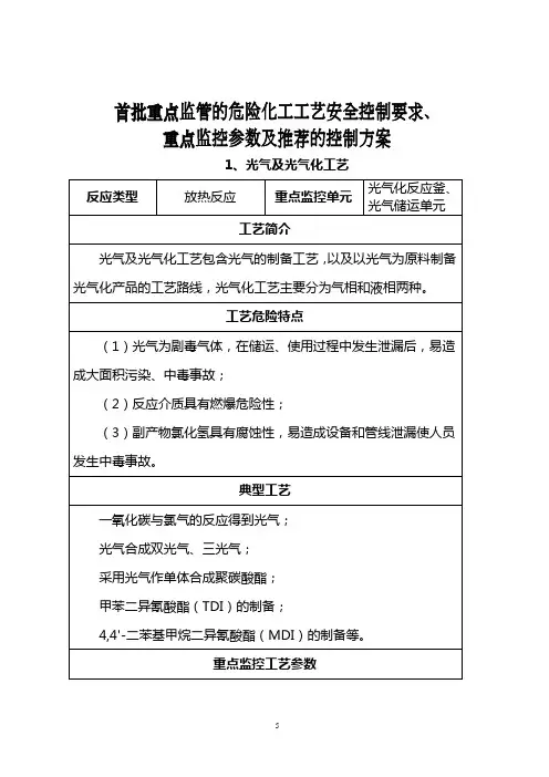 首批重点监管的危险化工工艺安全控制要求汇编