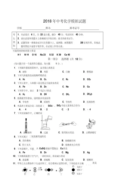 人教版2018年中考化学模拟考试试题及答案