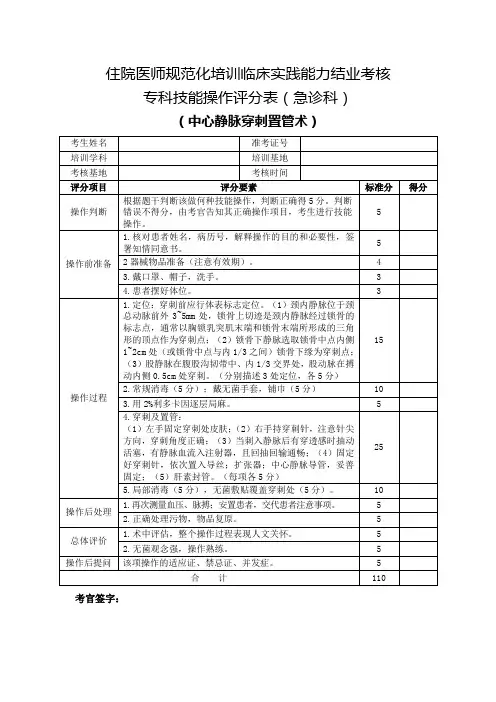 住院医师规范化培训临床实践能力结业考核专科技能操作评分表(急诊科)中心静脉穿刺置管术
