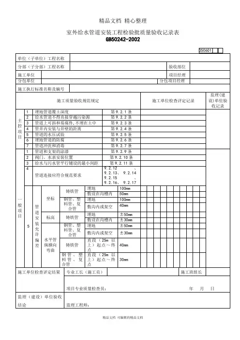 室外给水管道安装工程检验批质量验收记录表