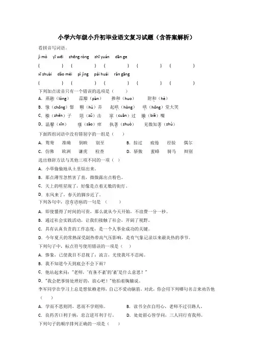 小学六年级小升初毕业语文复习试题(含答案解析)