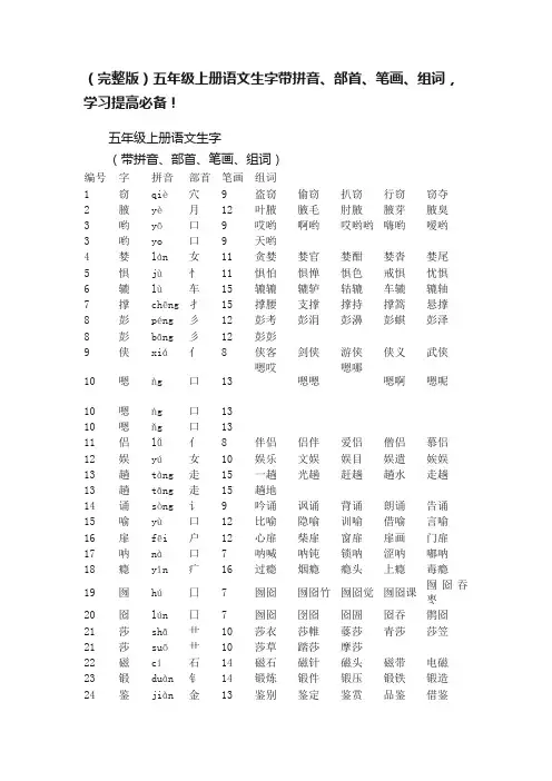 （完整版）五年级上册语文生字带拼音、部首、笔画、组词，学习提高必备！