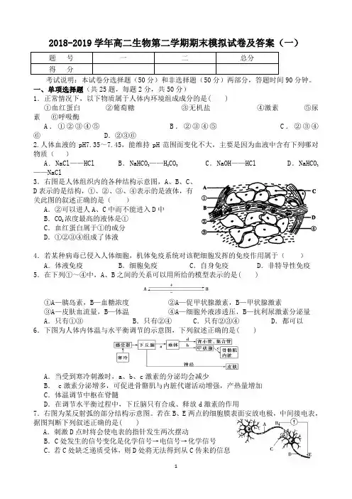 2018-2019学年高二生物第二学期期末模拟试卷及答案(一)