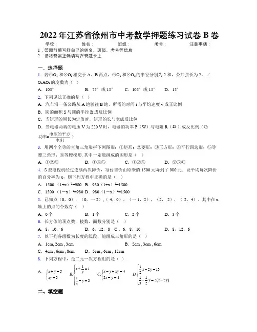 2022年江苏省徐州市中考数学押题练习试卷B卷附解析