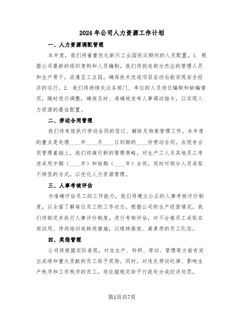 2024年公司人力资源工作计划（四篇）