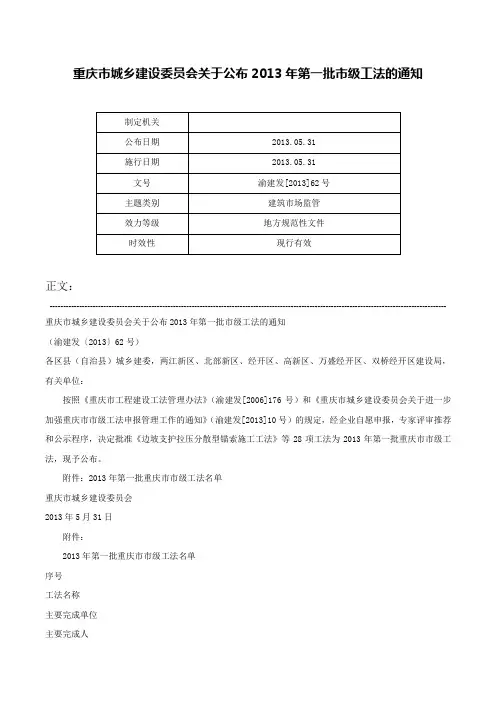 重庆市城乡建设委员会关于公布2013年第一批市级工法的通知-渝建发[2013]62号