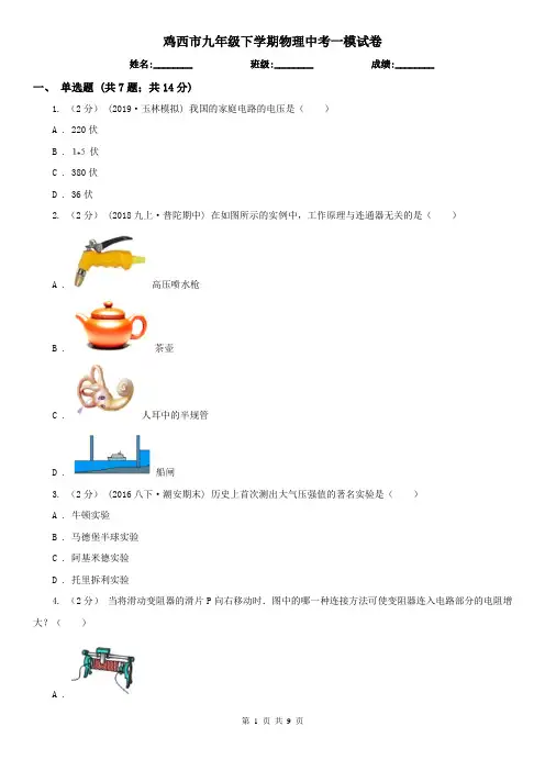 鸡西市九年级下学期物理中考一模试卷