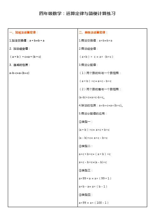 四年级数学上下册运算定律与简便计算练习100题