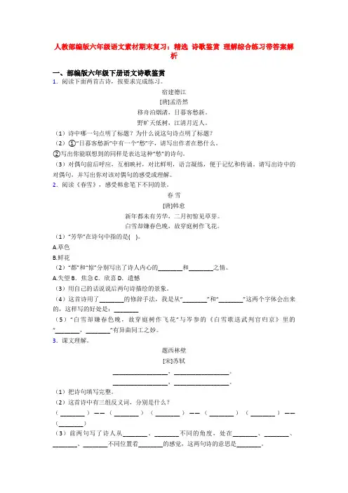 人教部编版六年级语文素材期末复习：精选 诗歌鉴赏 理解综合练习带答案解析
