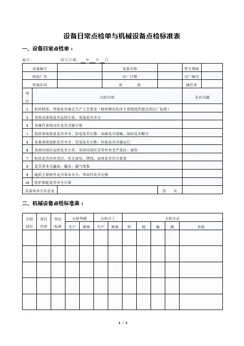 设备日常点检单与机械设备点检标准表