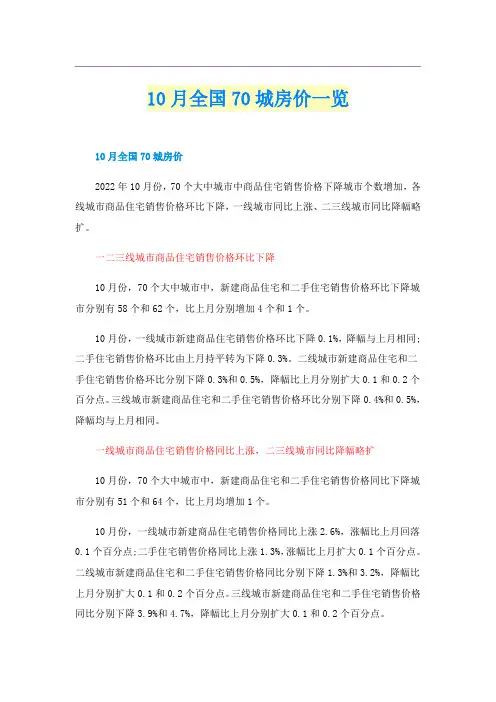 10月全国70城房价一览