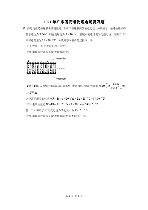 2021年广东省高考物理电场复习题 (56)
