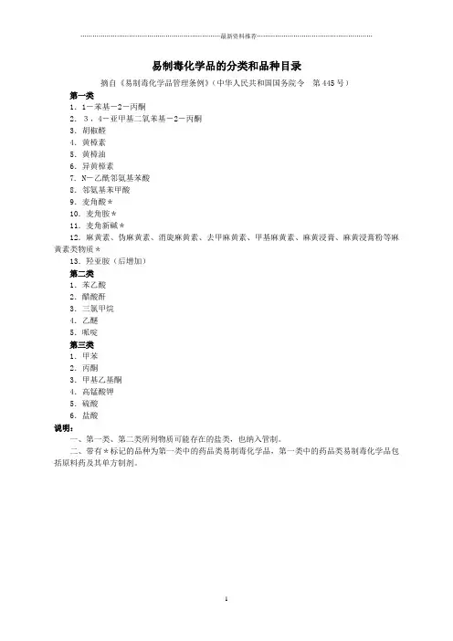 易制毒化学品的分类和品种目录(摘自《易制毒化学品管理条例》,国务院令第445号)