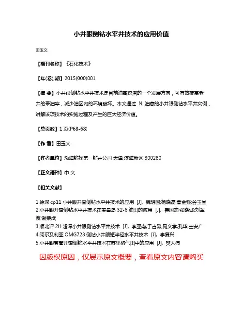 小井眼侧钻水平井技术的应用价值