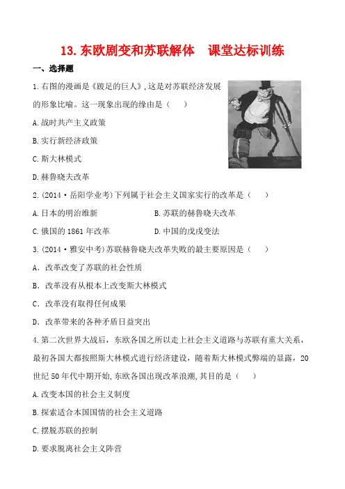 (岳麓版)历史九年级下：：13东欧剧变和苏联解体(课堂达标训练)