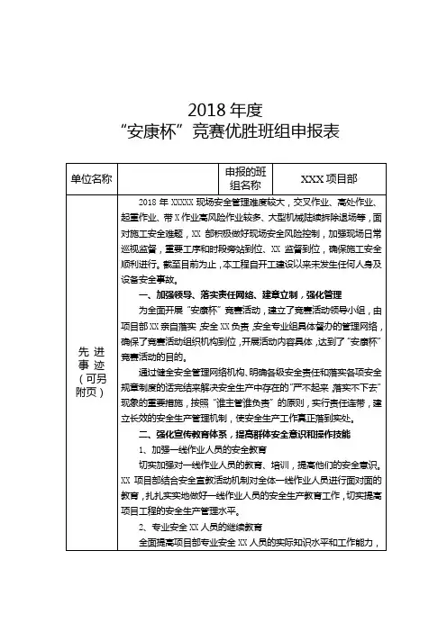 2018年度“安康杯”竞赛优胜班组申报表-XXXX班组4