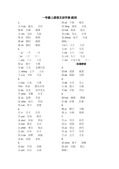 一年级上册语文识字表-组词