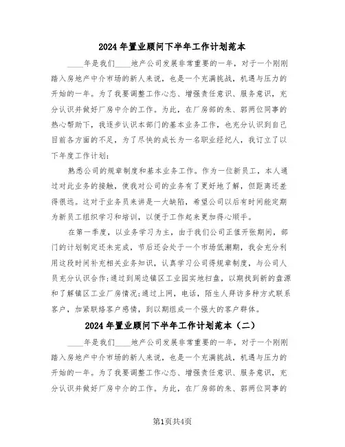 2024年置业顾问下半年工作计划范本（三篇）
