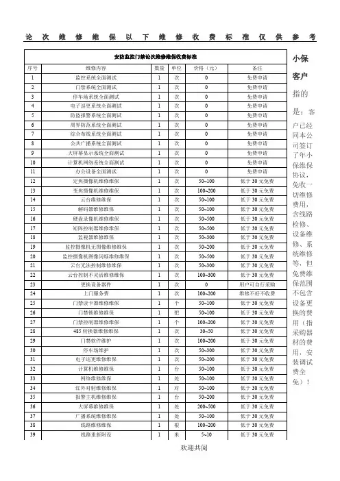 安防监控门禁论次维修维保收费标准