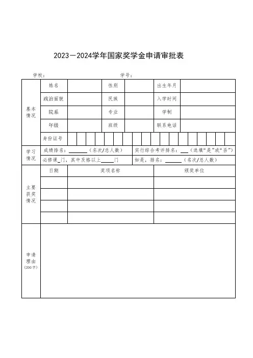 大学生国家奖学金申请审批表