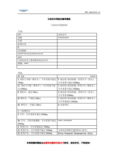 马来西亚驾驶证翻译模板