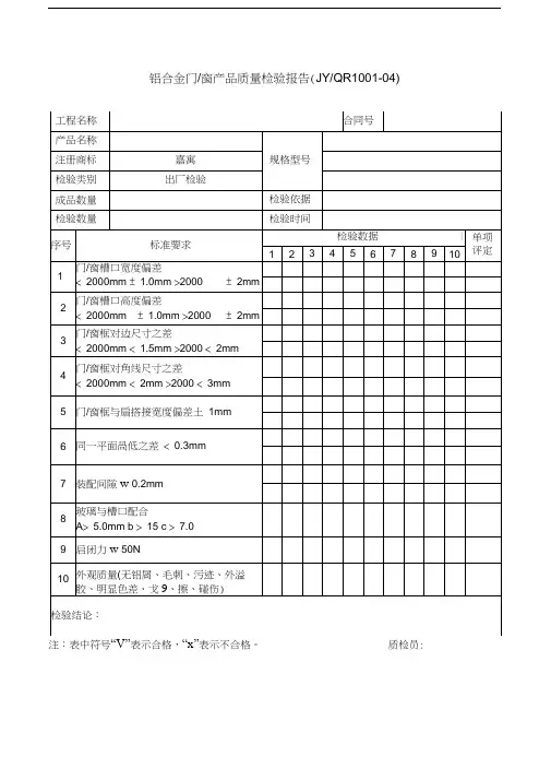 铝合金门窗产品质量检验报告