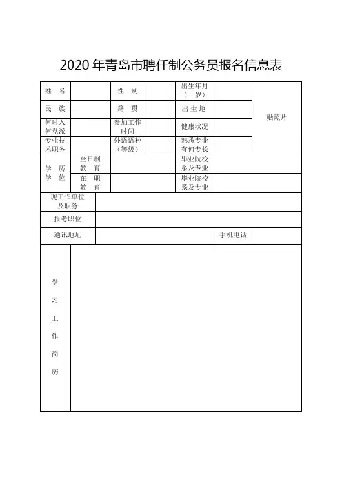 2020年青岛市聘任制公务员报名信息表