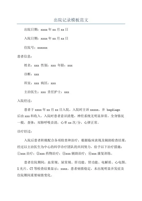 出院记录模板范文