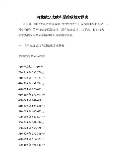 河北赋分成绩和原始成绩对照表