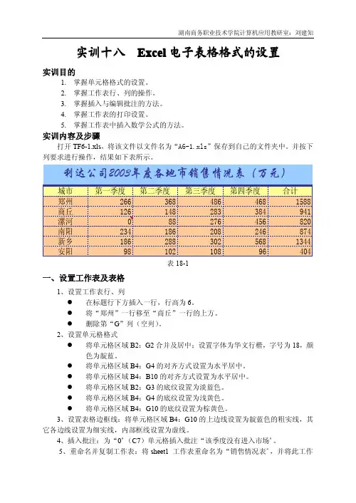 实训十八 Excel 电子表格格式的设置