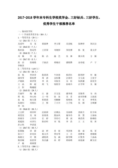 20172018学年本专科生学校奖学金三好标兵三好学生