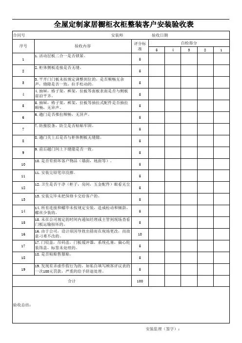 全屋定制家居橱柜衣柜整装客户安装验收表