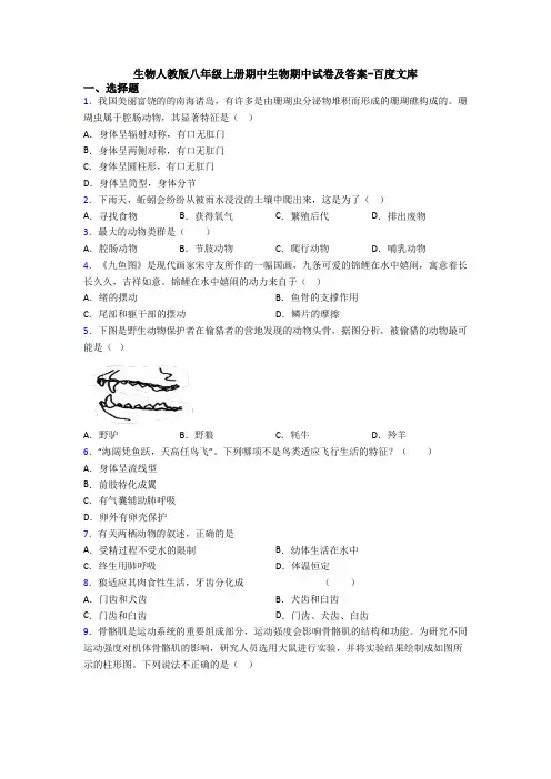 生物人教版八年级上册期中生物期中试卷及答案-百度文库