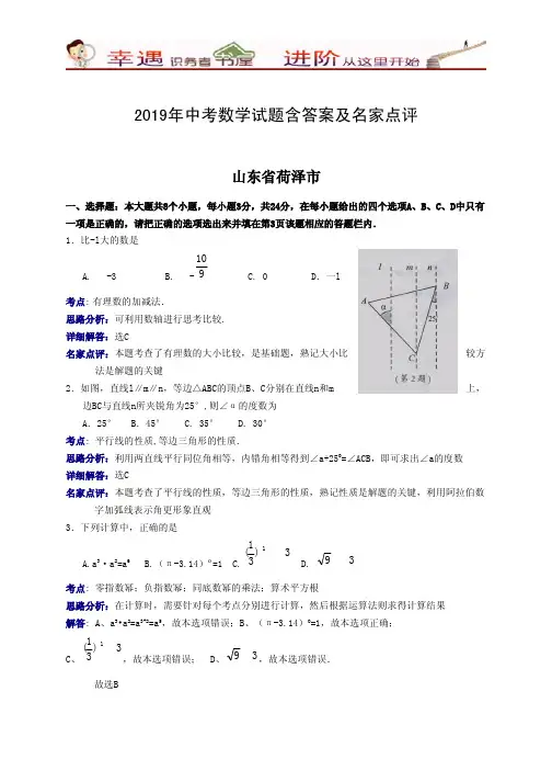 2019年中考数学试题含答案及名家点评：山东省荷泽市